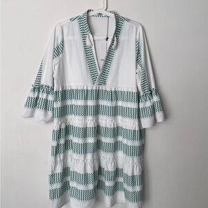 White and Teal Striped V-Neck Women’s Dress